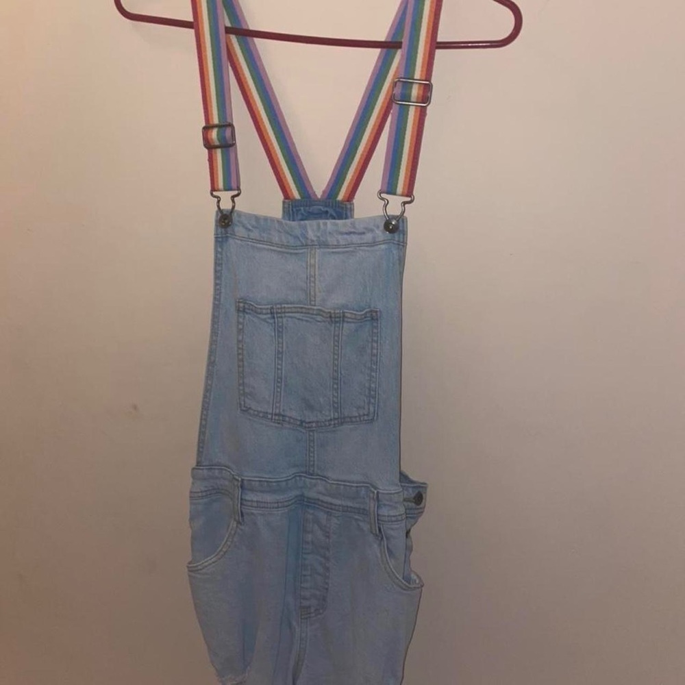Denim overalls with rainbow straps